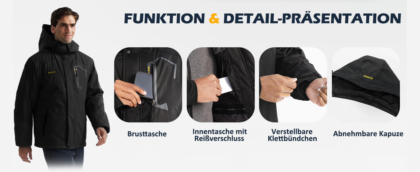 Чоловіча зимова куртка GEMYSE для катання на лижах, тепла, вітронепроникна, водонепроникна, дихаюча, з багатьма кишенями, з капюшоном, білий, розмір L