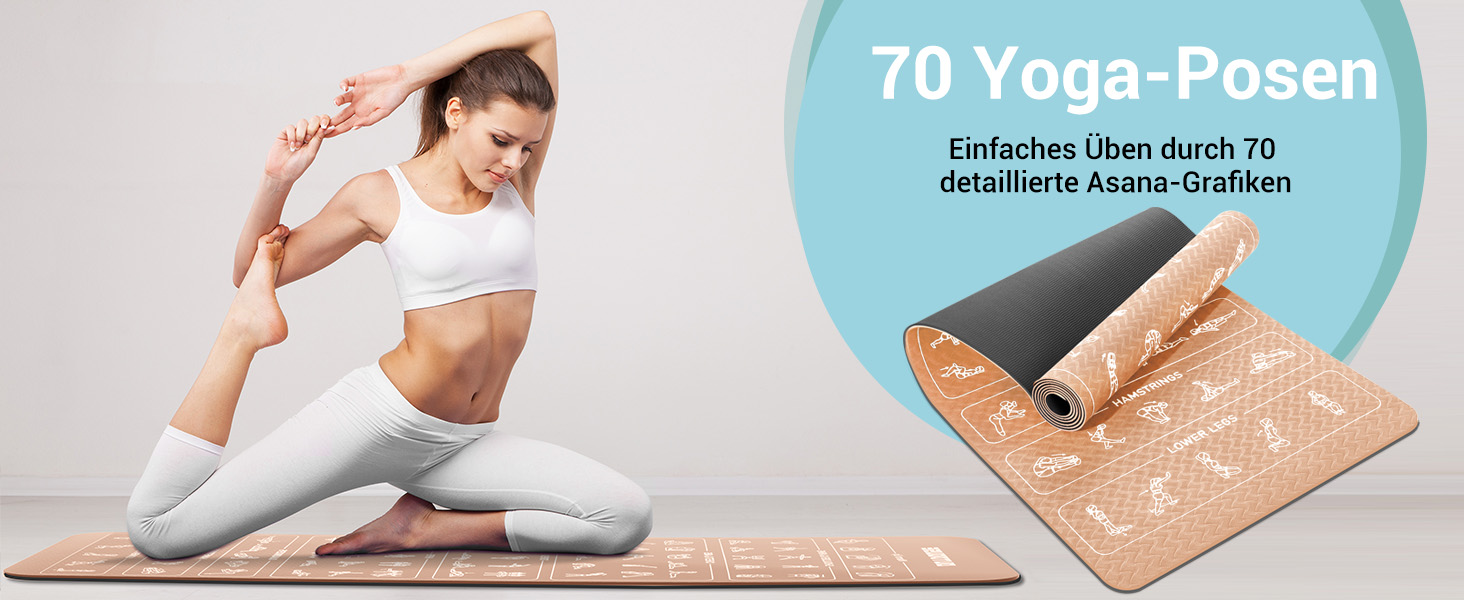 Спортивна килимок для йоги з принтами поз, неслизький TPE, 181x63x0.6 см (Хакі та Чорний)