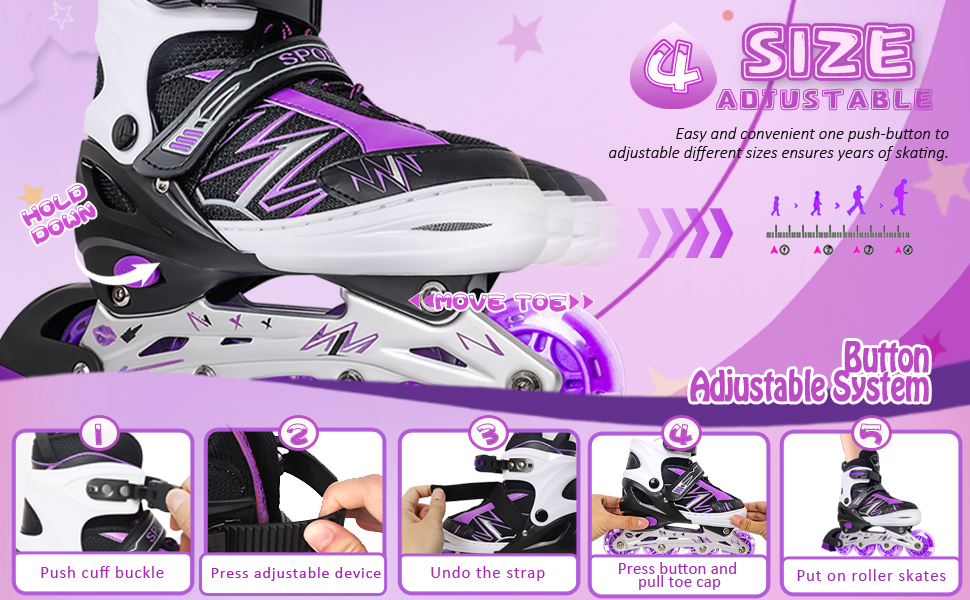 Дитячі ролики для катання в приміщенні та на вулиці, з підсвічуванням коліс, для дівчаток та хлопчиків, розмір S, чорно-фіолетові