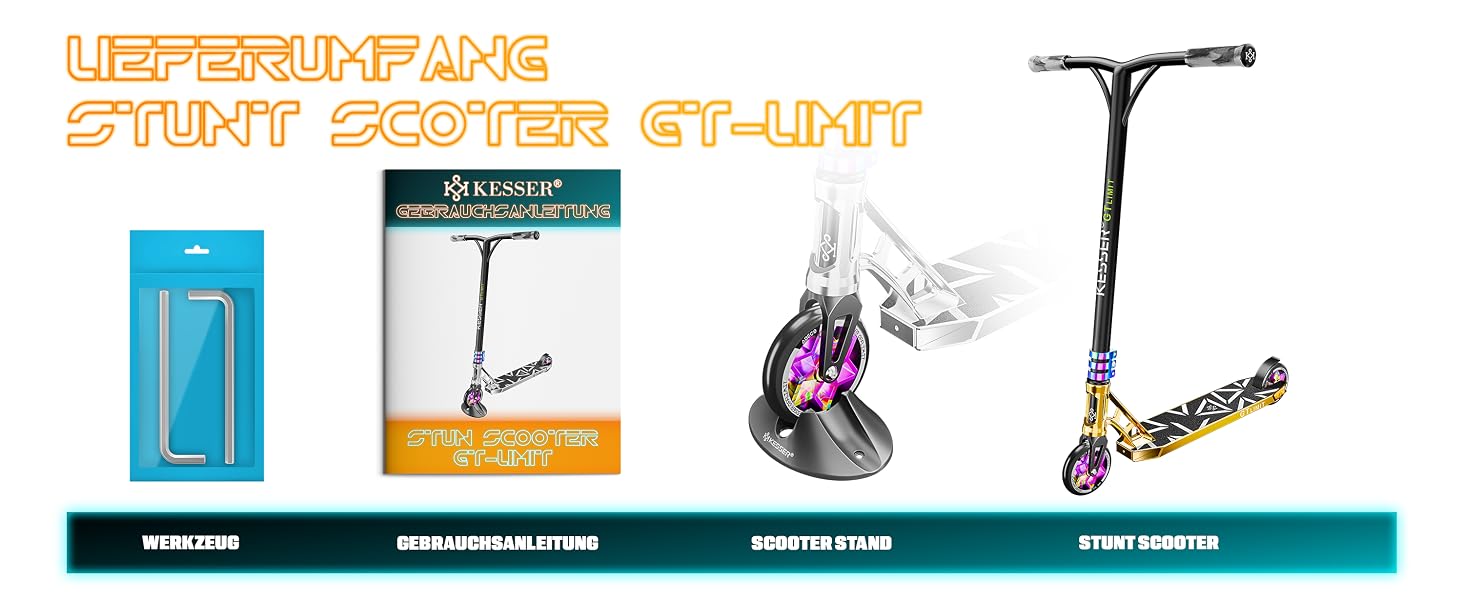 Трюковий самокат KESSER® GT-Limit 360° з підставкою, колеса PU 110 мм, підшипники ABEC 9 - для дітей та дорослих, золотий