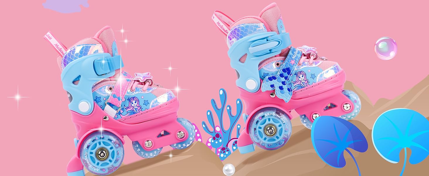 Дитячі ролики Meerjungfrau для дівчаток, 4 розміри, регульовані, з підсвічуванням, 3 колеса, рожеві