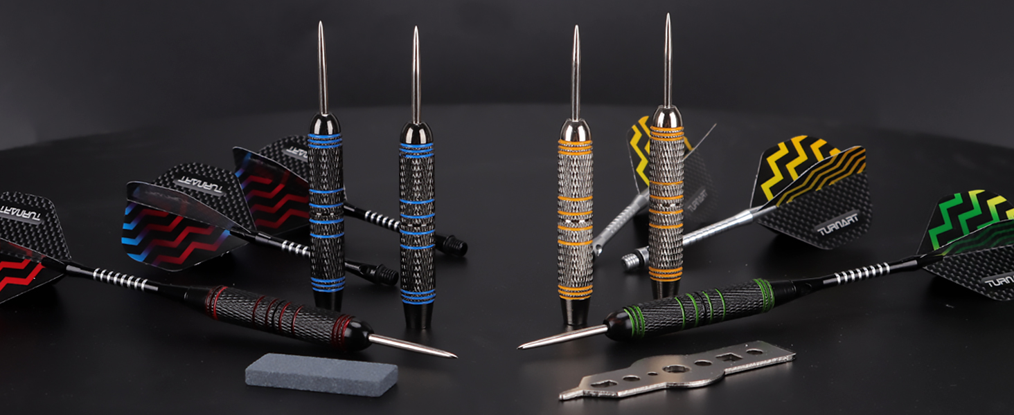 Дарти сталеві Turnart Dartpfeile, 12 шт, 24 г, професійні, з алюмінієвими дротиками та 24 пір'ями, кільця проти втрати