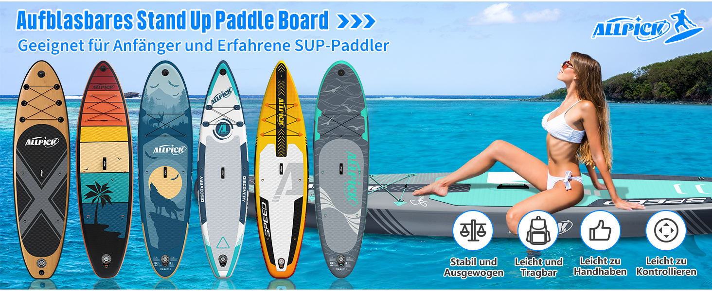 ALLPICK SUP Board Premium набір: Дошка для Stand Up Paddling надувна, з кріпленням для камери, повний комплект аксесуарів, регульоване весло, для початківців та просунутих, вантажопідйомність 200 кг, сіро-зелений
