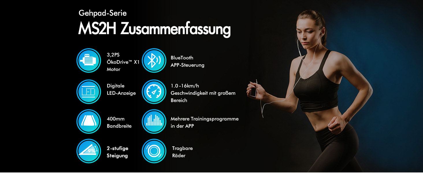 Walkingpad Laufband BLACK LORD MS2H: біговий доріжки для дому, 9-16 км/год, нахил до 9%, 2.2-3.2 PS, до 140 кг, LED-дисплей, мобільний додаток, тиха робота, чорний колір (з ручками)