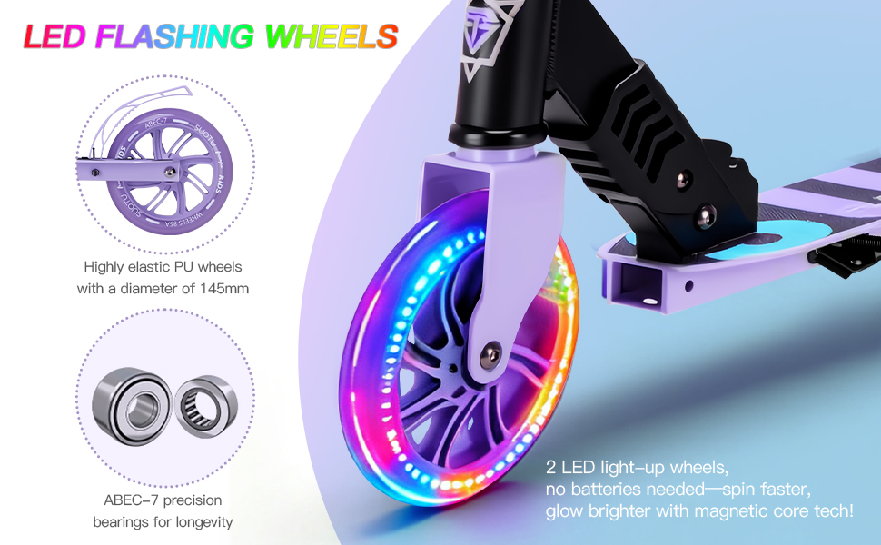 Самокат дитячий SUOTU з колесами 145 мм, до 100 кг, світлодіоди, складаний, регульована висота, алюмінієвий (Чорно-фіолетовий) для хлопчиків та дівчаток 3-12 років