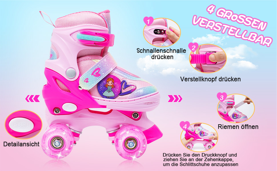 Дитячі ролики FWFX з регулюванням та підсвіткою, підходять для залу та вулиці, розмір S (EU 28-31 / MM 160-200), рожеві