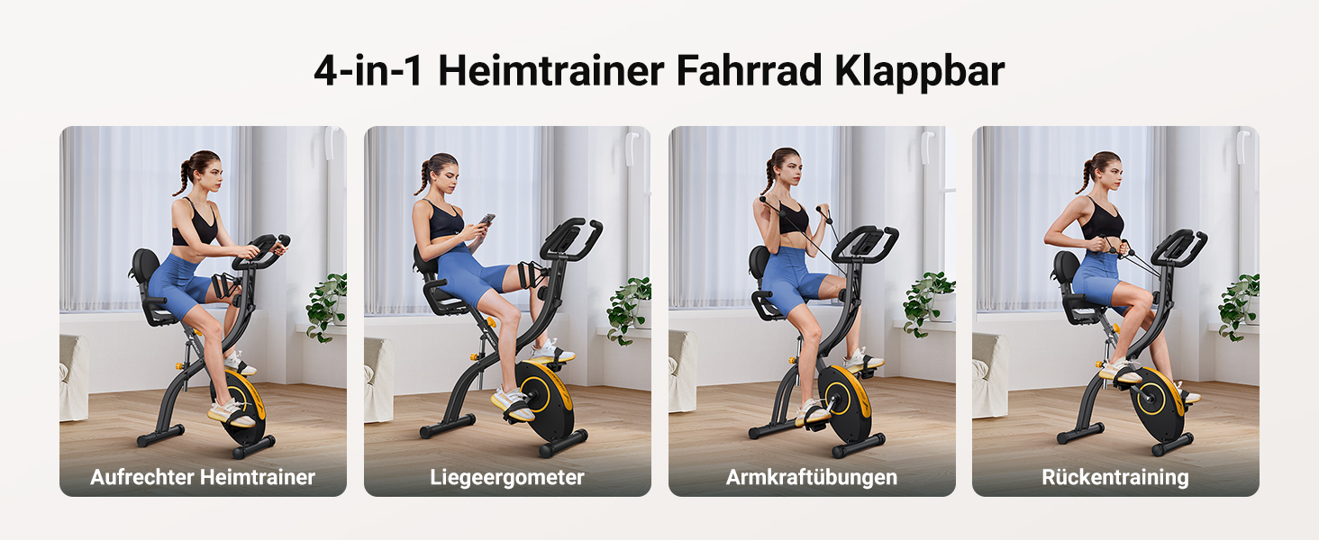 Велотренажер MERACH 4-в-1 з додатком, тихий, магнітний опір 16 рівнів, LCD-дисплей, вимірювання пульсу, складаний, зручне сидіння, еластична стрічка