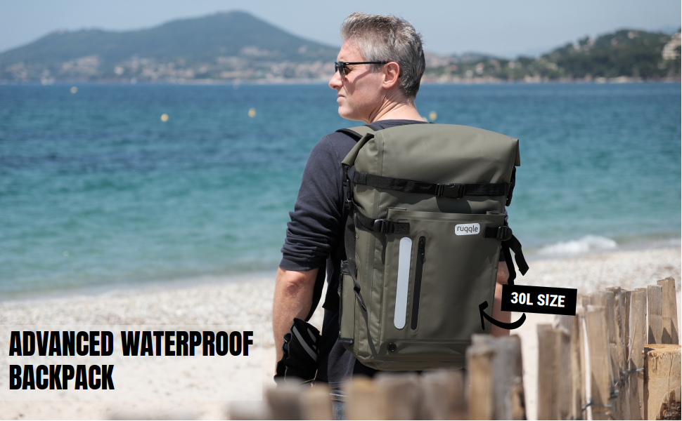 Водонепроникний рюкзак Ruqqle 45 л, RollTop, 3 зовнішні кишені, для пляжу, човнів, каяків, подорожей, кемпінгу, риболовлі та мотоциклів (Блакитний)