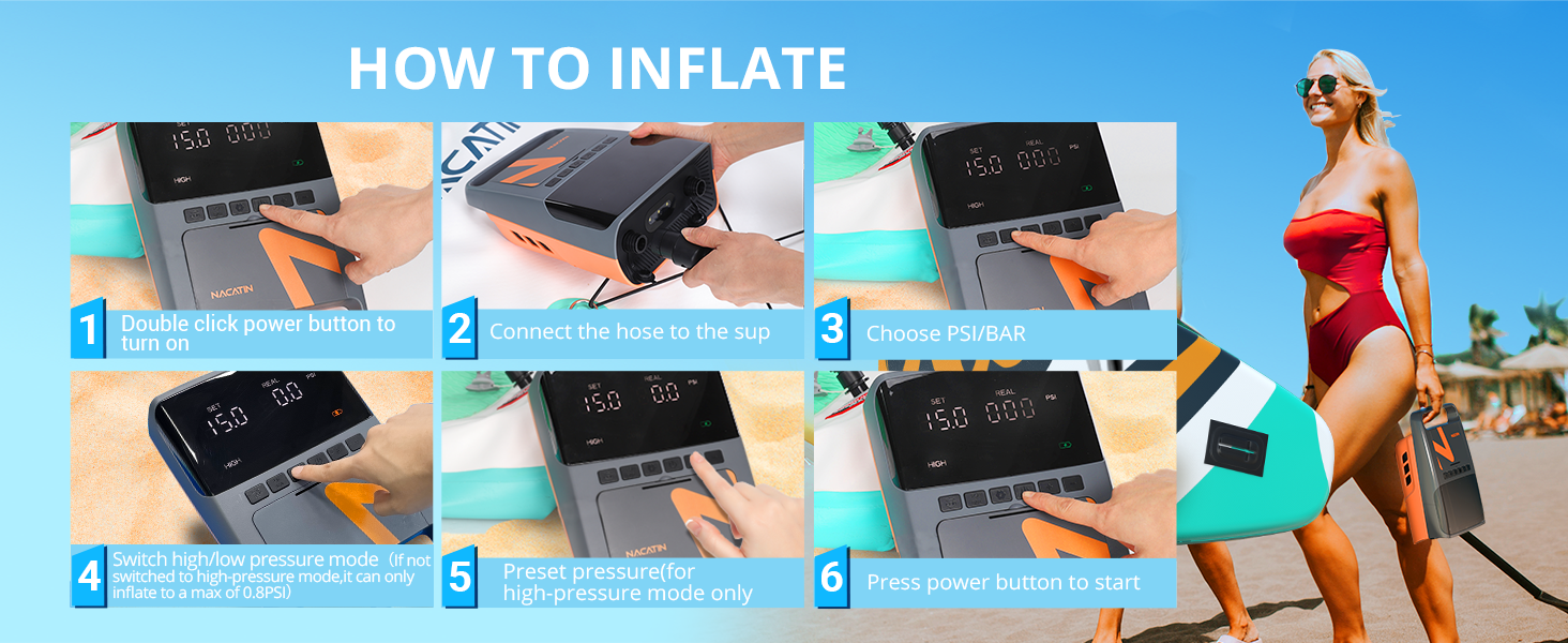 Електрична повітряна насос NACATIN для SUP дошок з акумулятором, 16 PSI, подвійний етап надування та здування, автоматичне вимкнення