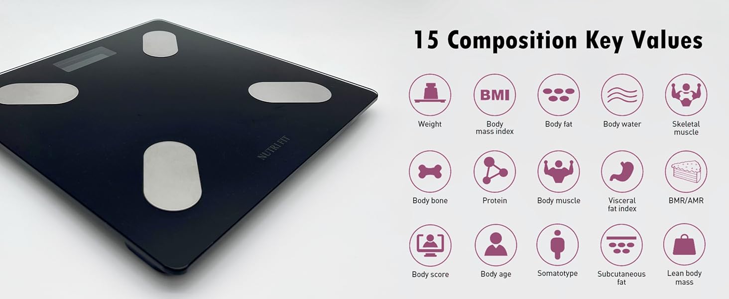 Вага NUTRI FIT для вимірювання жиру в тілі, розумна персональна вага з цифровим дисплеєм, вимірювання BMI, жиру, м'язів, води, склад тіла, LCD-дисплей, 150 кг, 26x26 см, чорний