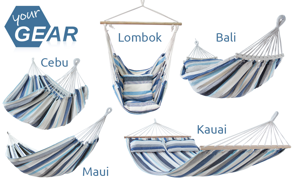 Гамак yourGEAR Bali XL з подушкою - 240 кг, сертифікований TÜV, 240x120 см, колір аква, бавовняний, з комплектом кріплення