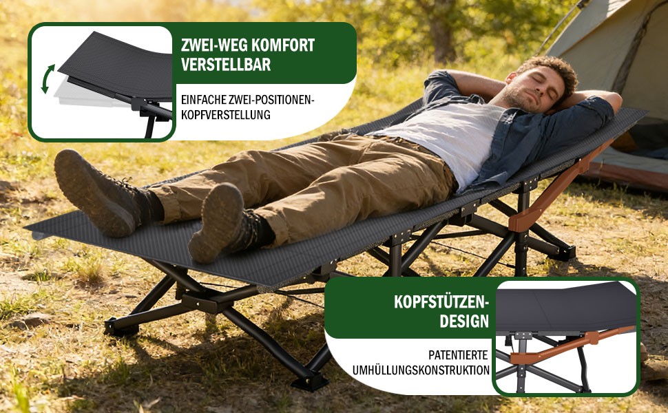 Ліжко похідне складане Campingbett з регульованим підголівком та м'якою оббивкою, до 200 кг, з сумкою для транспортування
