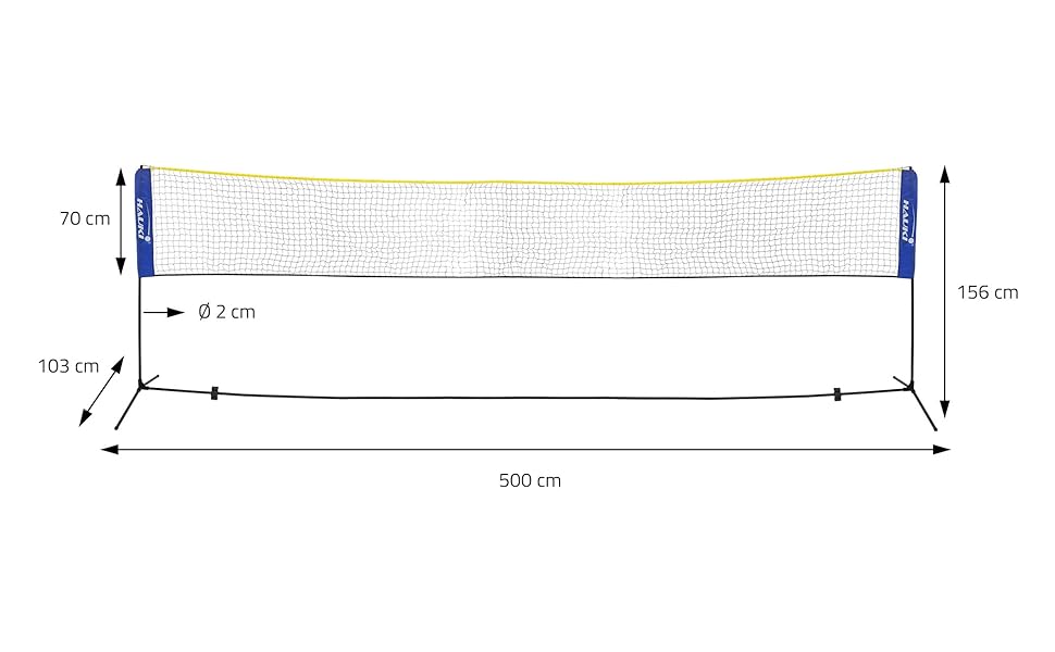 Сітка для бадмінтону Hauki, Тенісна сітка 400 см/500 см, Чорна / H156 см, Набір сіток для бадмінтону, 3 рази для бадмінтону, Транспортна сумка, Міцна залізна рама, Портативна волейбольна сітка, Тренувальна сітка для приміщень і вулиці (Синій, 500 см)