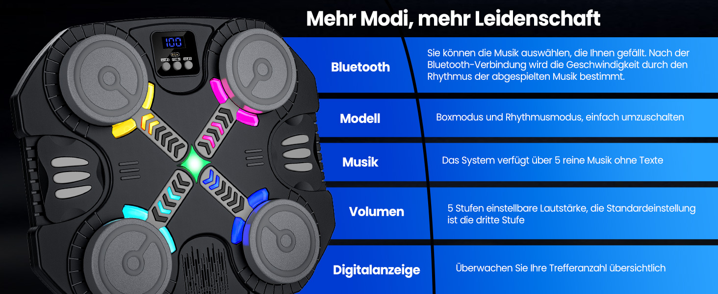 Дитяча боксерська машина з підсвіткою та музикою, Bluetooth, 5 швидкостей, 2 режими тренування, LED, чорна