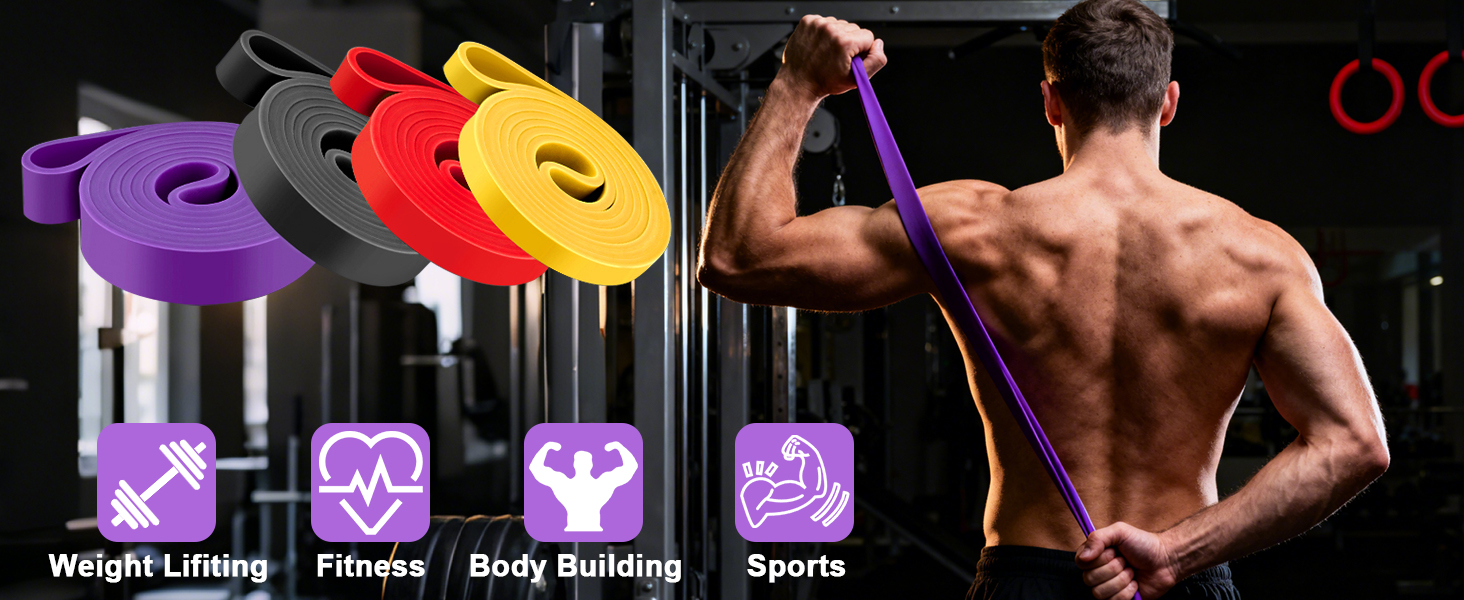 Фітнес гумки WuGU, набір з 4 рівнями опору, еластичні гумки для фітнесу, силових тренувань, йоги та пілатесу (фіолетовий, чорний, червоний, жовтий)