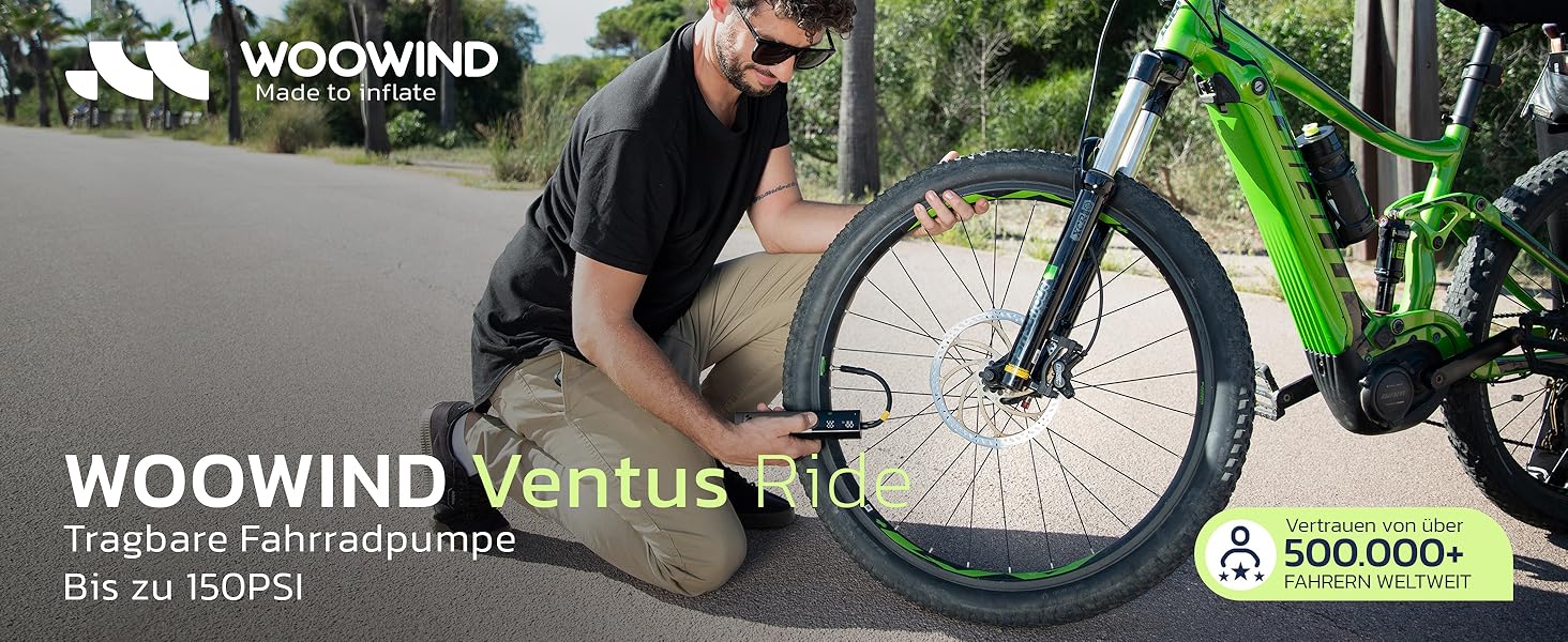 Електрична велосипедна помпа Woowind Ventus Ride: 150 PSI, 10.3 Bar, універсальні клапани (Presta, Schrader, Dunlop)