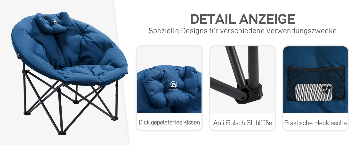 Крісло для кемпінгу EVER ADVANCED Luxus Moonchair XXL - велике розкладне крісло для відпочинку, 150 кг, блакитне