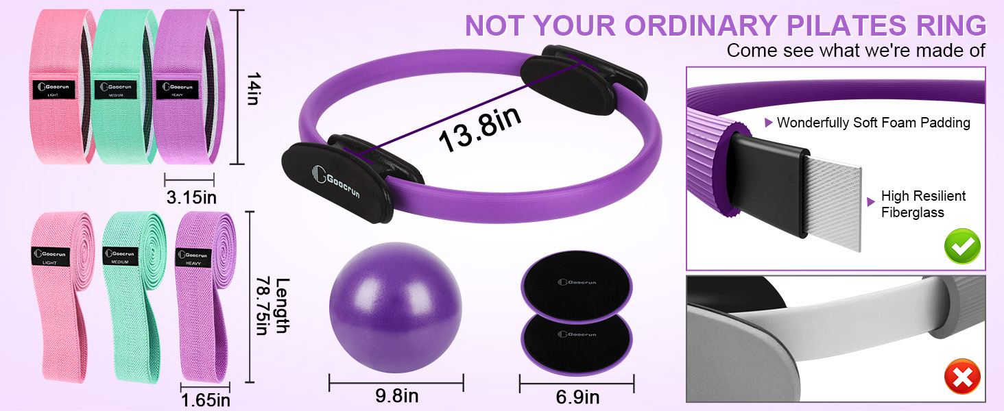 Набір для пілатесу: кільце, еластичні стрічки, м'яч, диски для ковзання. Комплект для фітнесу вдома з інструкцією. (Чорний, посилений, фіолетовий)