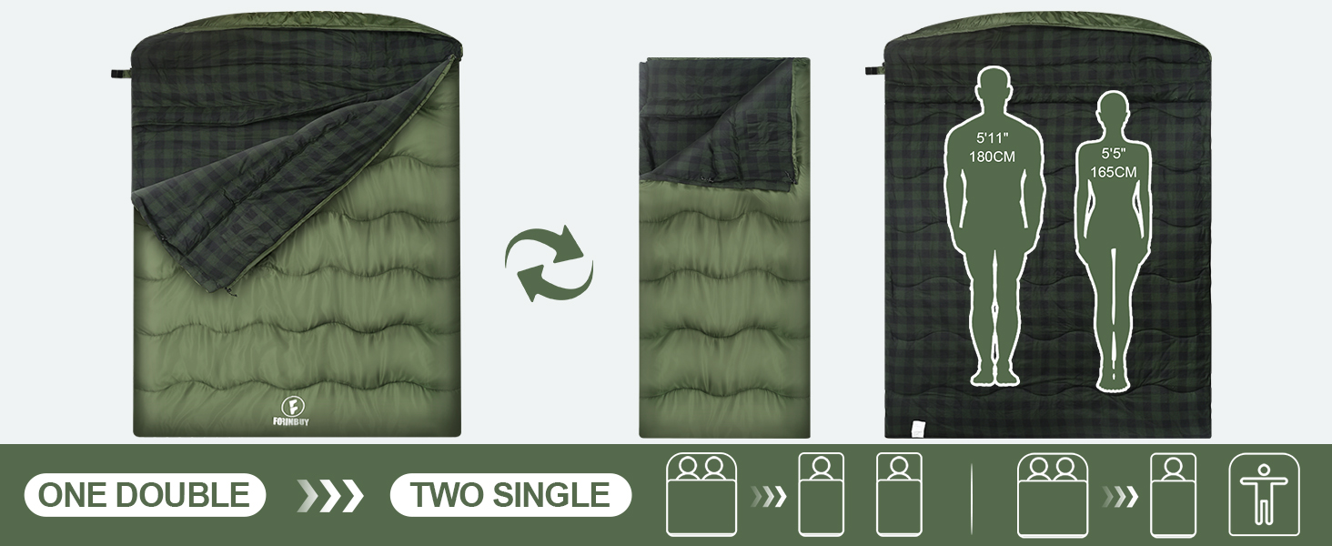 Спальний мішок Baumwolle для 2 осіб, зимовий, водонепроникний, теплий, розмір Queen, для кемпінгу та подорожей на автодомі (армійний зелений)