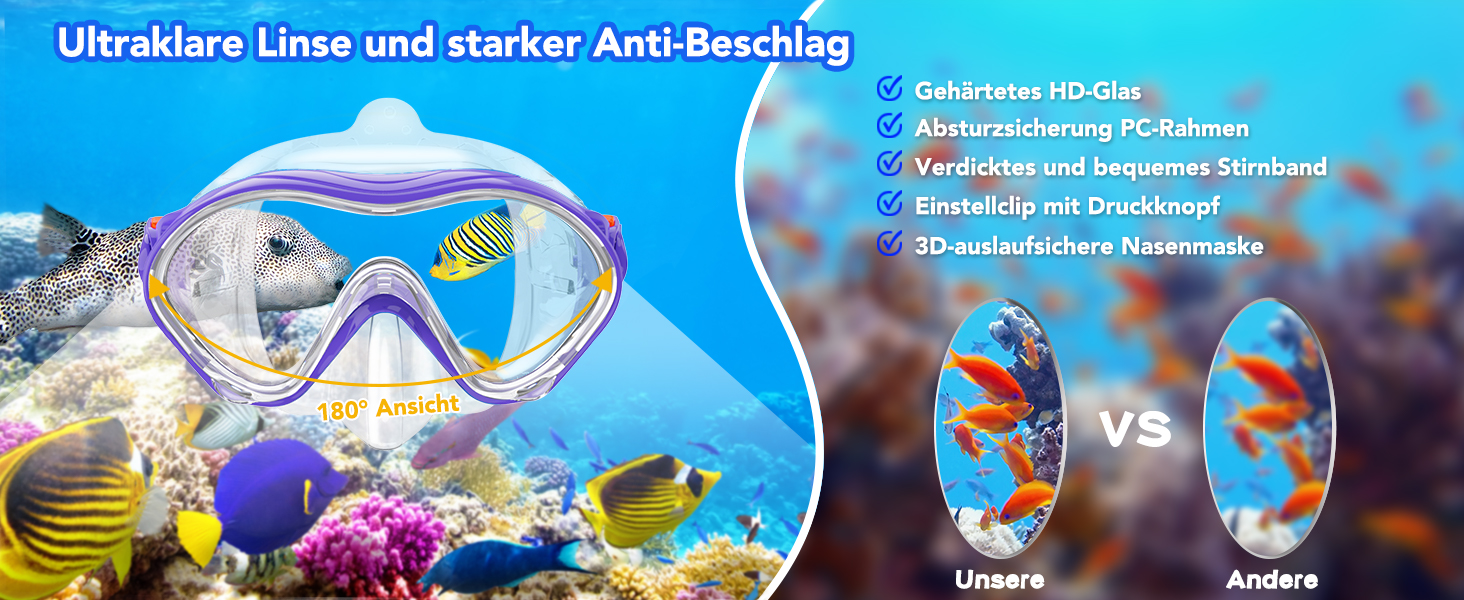 Набір для снорклінгу для дітей з ластами, маска з панорамним оглядом 180°, регульовані ласти, високоякісна маска та сухий снорклінг для плавання (фіолетовий)