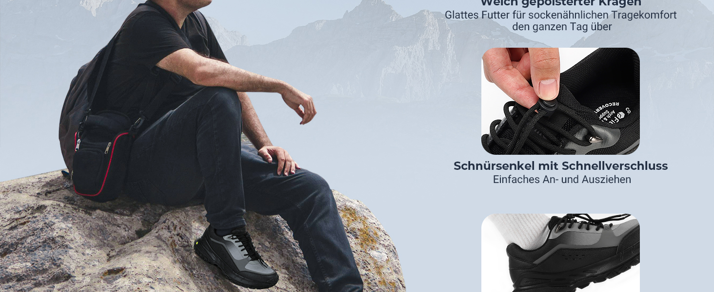 Черевики для піших прогулянок FitVille для чоловіків, широкі, трекінгові, туристичні, чорні. Зі зносостійкою підошвою, дихаючі, легкі, кросівки 45 EU, X-широкі