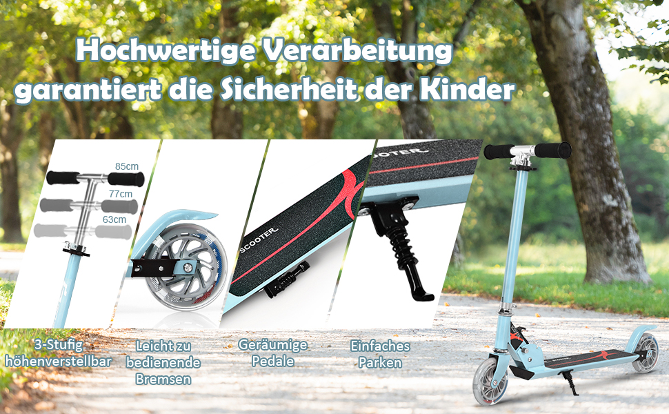 Дитячий ролер GOPLUS Roller Kinder 4, ролер для дітей 4 роки, з LED-підсвіткою, гальмом та підніжкою, регульована висота, алюмінієвий, складний, до 70 кг, блакитний