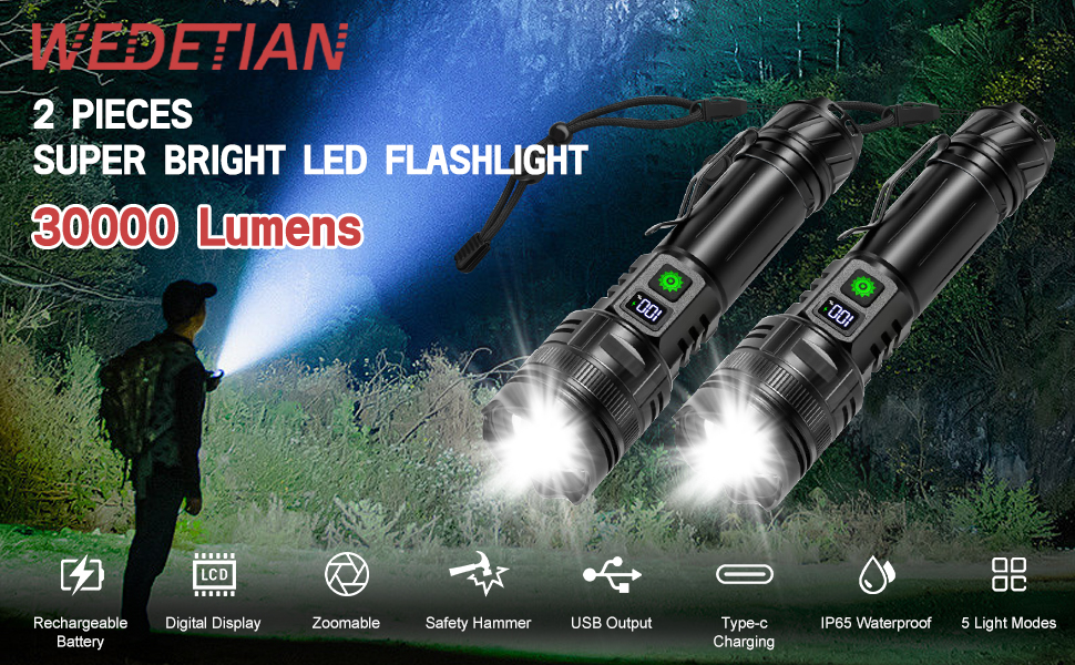 Ліхтарик LED WEDETIAN 2 шт. 30000 Люмен, Тактичний USB-ліхтарик, 5 режимів, для кемпінгу, туризму, надзвичайних ситуацій