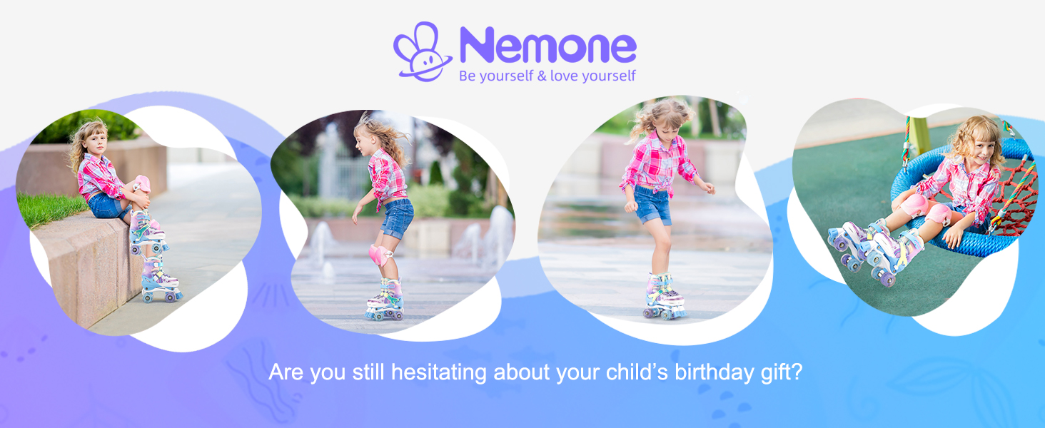 Роликові ковзани NEMONE для дівчаток, розміри 32-36 EU, блакитний/фіолетовий, регульовані, для дому та вулиці