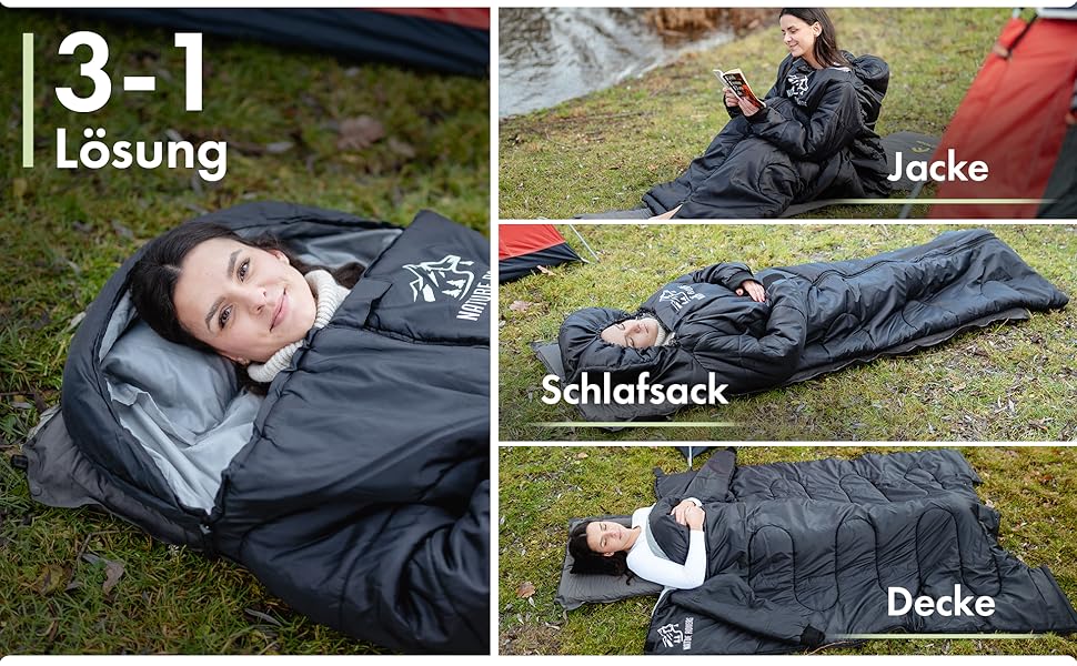 Спальний мішок з рукавами Nature Rovers – дорослий, для кемпінгу та відпочинку на природі (3 сезони), водонепроникний, з отворами для ніг, включає подушку, чорний