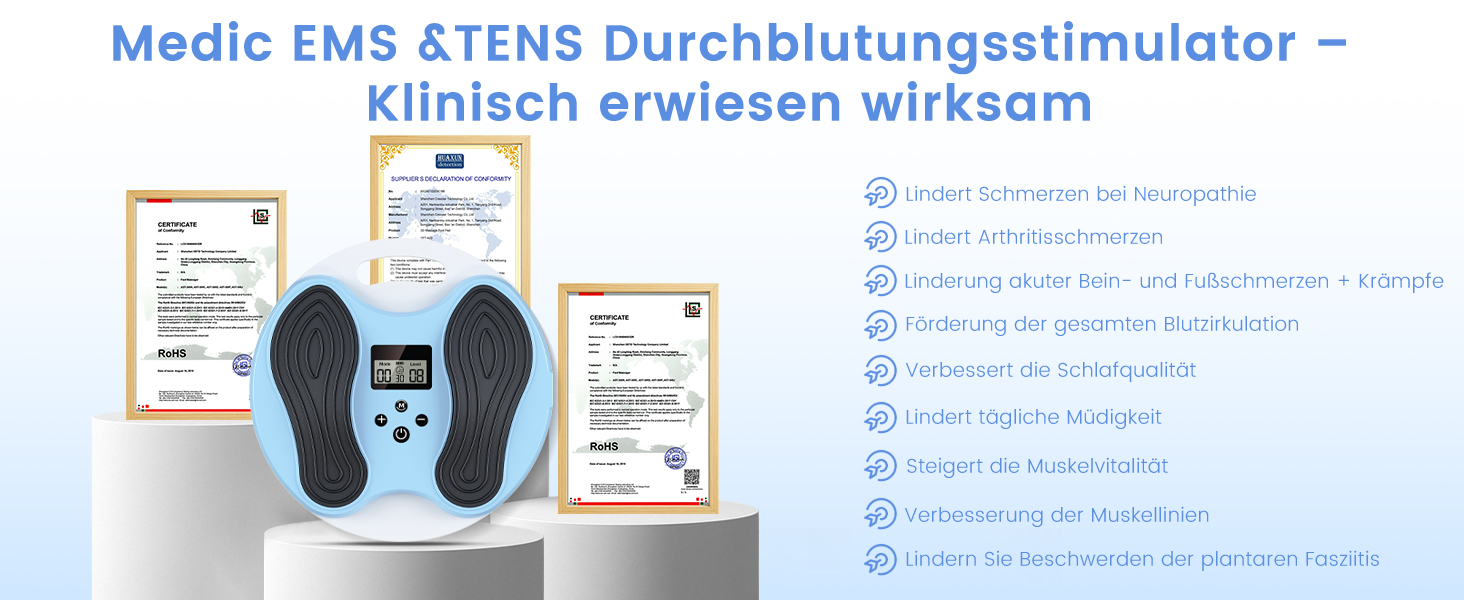 Масажер для ніг та стегон EMS, стимулятор кровообігу – покращує циркуляцію крові, знімає втому ніг та стегон, з 4 електродами TENS, блакитний/сірий