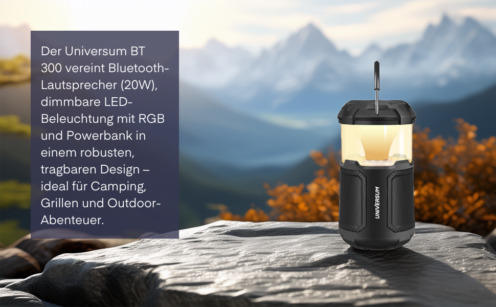 Портативна Bluetooth Колонка Universum BT 300 з LED-ліхтарем та Powerbank - 20W, SD-карта, AUX, 10000mAh, 2300 LUX, вологостійка