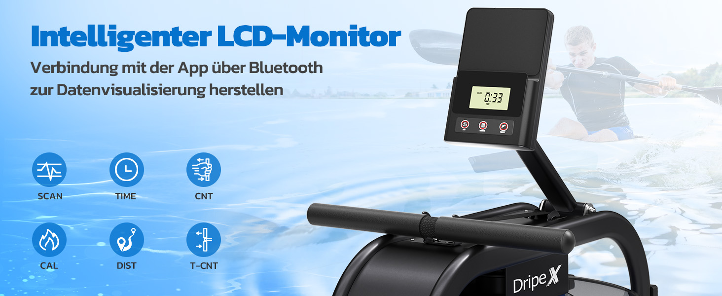 Водне тренажер-гребля Dripex для дому, до 150 кг, Bluetooth, LCD, тримач для планшету