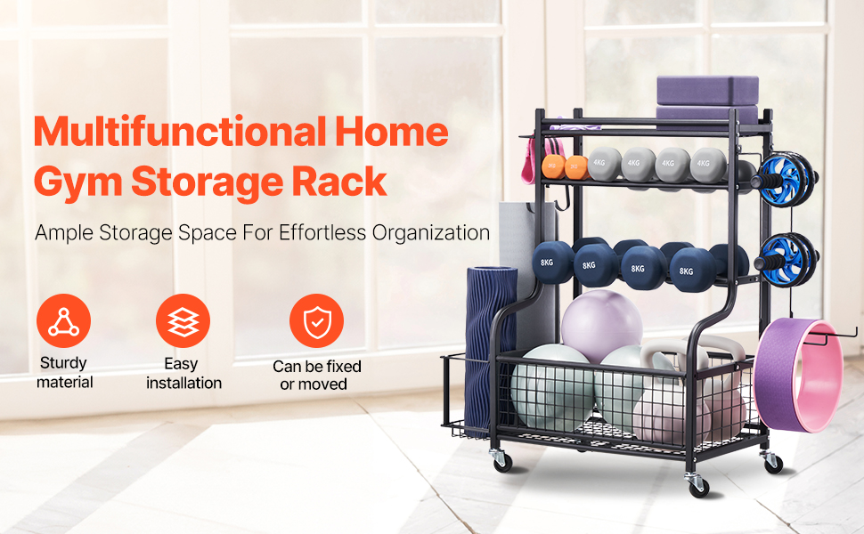 Стенд для зберігання та підтримки йогаматів та гантелей VEVOR - мобільний, з колесами та гачками, для домашніх тренувань