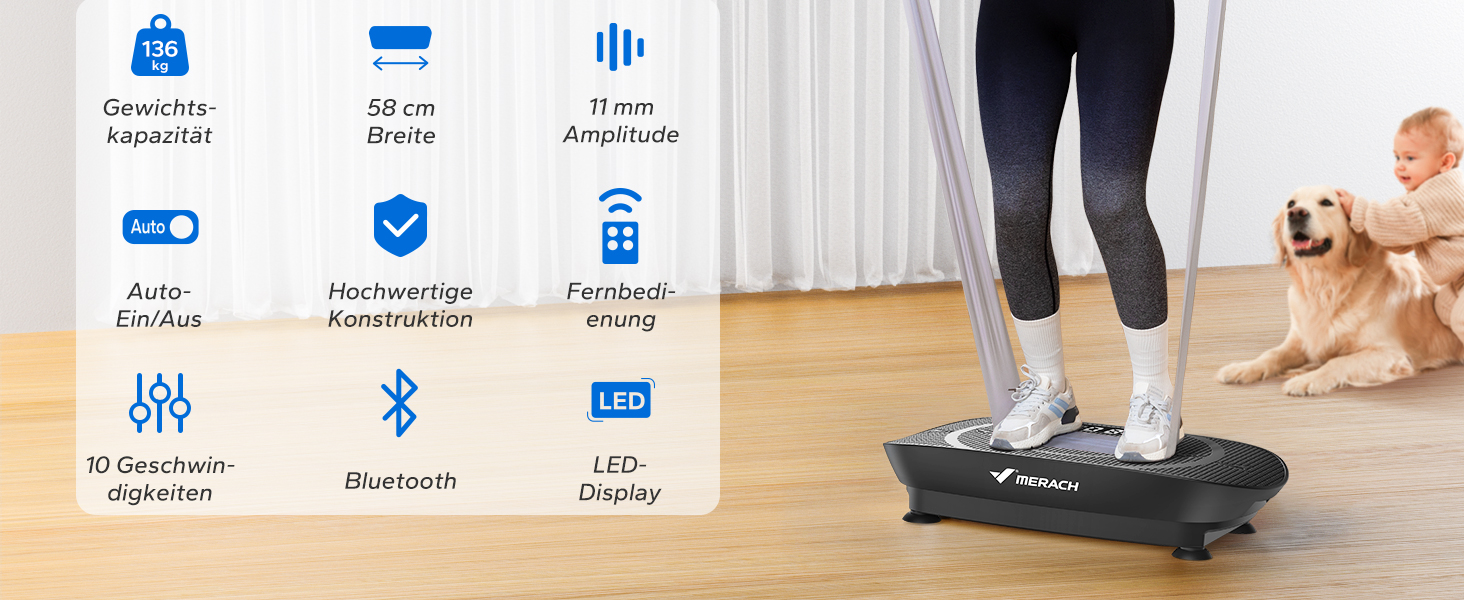 Вібраційна платформа MERACH для тренувань всього тіла, побудова та формування м'язів, автоматичне регулювання швидкості, Bluetooth-динамік, чорний