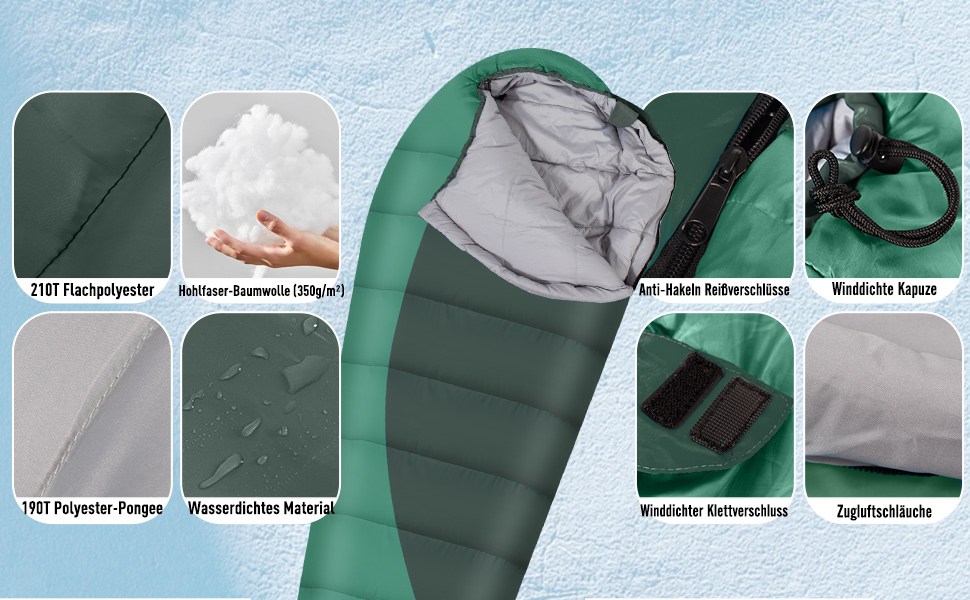 Спальник Leogreen пуховий для дорослих, 3-4 сезони (-15℃ ~ +5℃), 300 GSM, 1800г, для кемпінгу, туризму та альпінізму, 210x80x35 см (Зелений)