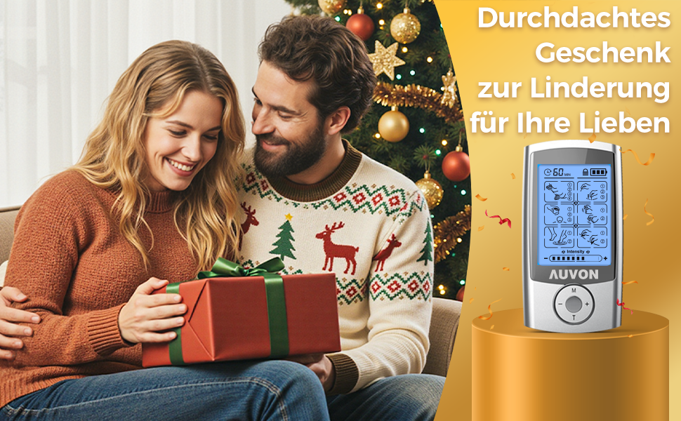 AUVON TENS пристрій: електростимулятор для зняття болю з 24 програмами, 2 канали та 10 шт. електродів преміум-якості