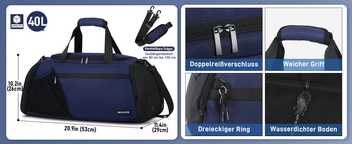 Спортивна сумка для чоловіків 40L, велика, рюкзак-сумка для подорожей, багато кишень, відділення для взуття, водонепроникна, для плеча та рук, тренувальна сумка, сумка-вікендер, чорна