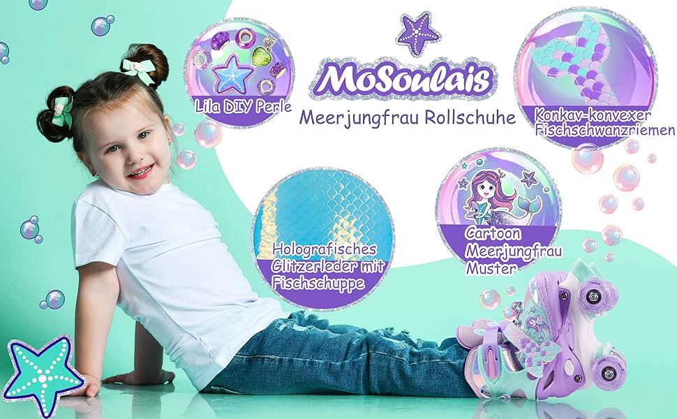 Дитячі ролики Meerjungfrau для дівчаток, 4 розміри, регульовані, з підсвічуванням, для початківців, фіолетові