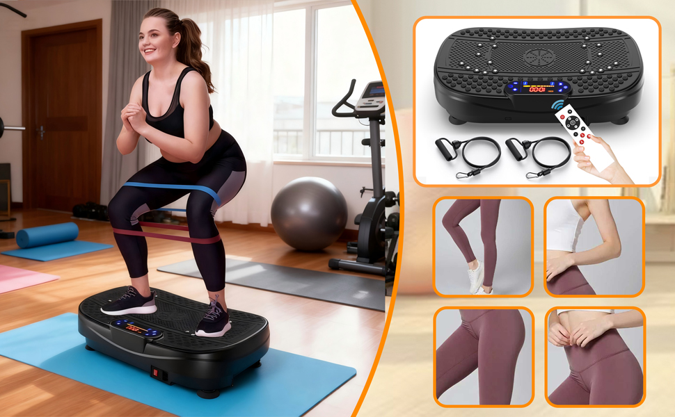 Вібраційна платформа для дому - тренажер для схуднення та формування тіла з 120 рівнями, 5 режимами, з еластичними стрічками та пультом дистанційного керування, для спалювання жиру та нарощування м'язів, ідеально для дому та домашнього спортзалу, чорного кольору