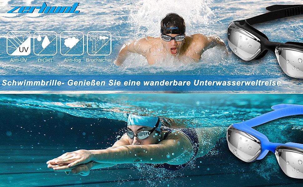Окуляри для плавання Zerhunt для чоловіків, жінок, дітей. Антизапітніння та захист від УФ. Окуляри для дайвінгу та водного спорту. Подарунок для чоловіків, жінок, дівчаток та хлопчиків 10+. Чорний/сріблястий колір.