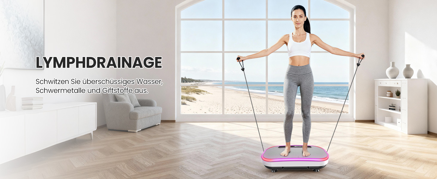 Вібраційна платформа для схуднення з еластичними гумками, 9 режимів, 120 рівнів інтенсивності, Bluetooth, LED-дисплей, місткість 150 кг, білий