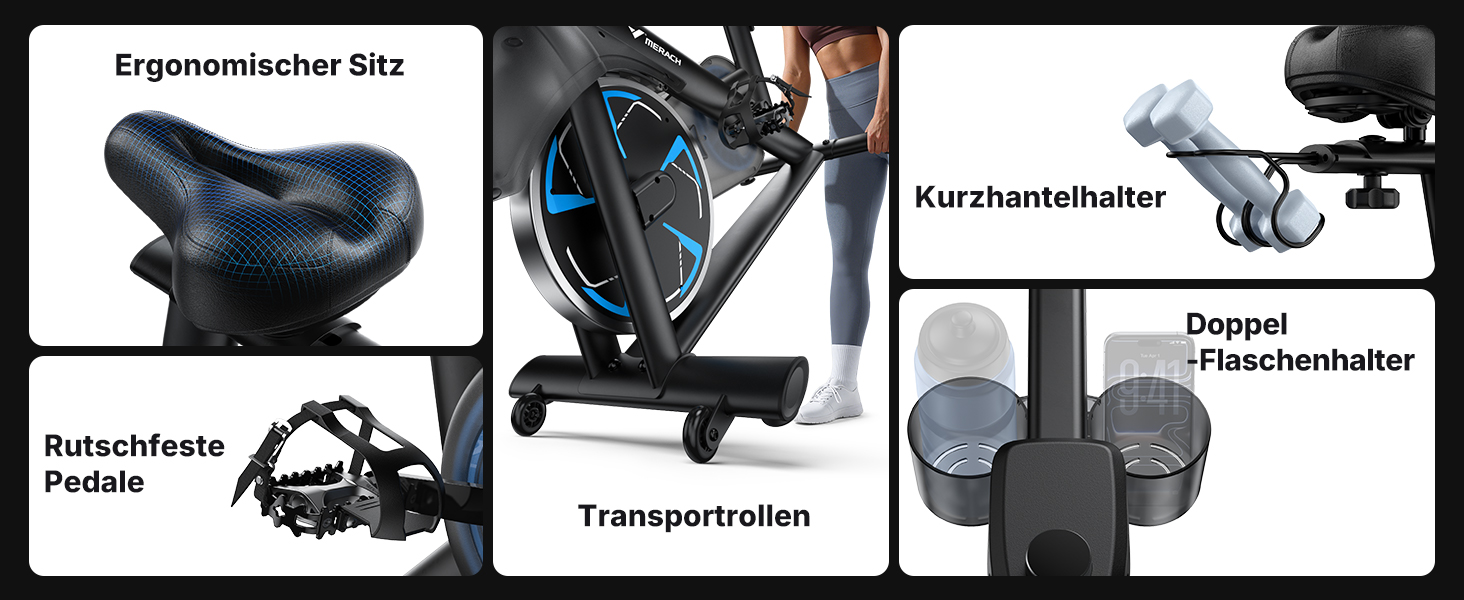 Велотренажер MERACH з магнітним опором, тихий, з покращеним амортизованим сидінням, власний додаток, стабільний H-фрейм, до 150 кг, блакитний з екраном