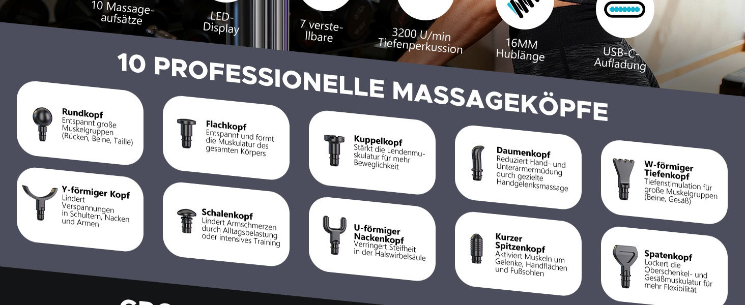 Масажер для м'язів: пістолет для масажу з 10 насадками, 30 швидкостей, для спорту та реабілітації