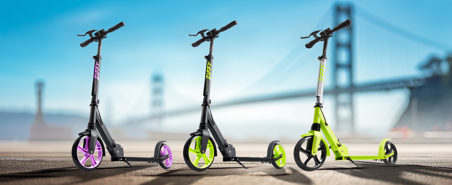 Тролетер ZIFFY для дітей та дорослих, 6-12 років, чорно-зелено-фіолетовий, колеса 200 мм, підшипники ABEC-9, амортизація, складний алюмінієвий каркас, регульований кермо 79-106 см, ручне гальмо, вантажопідйомність до 118 кг