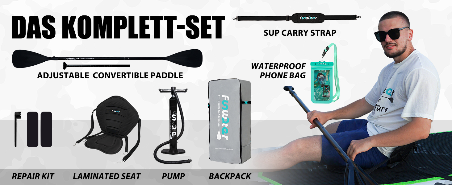 Надувний SUP Борд FunWater 10' Tarnserie: Комплект для веслування, з насосом, веслом та аксесуарами. Підходить для початківців та сімей