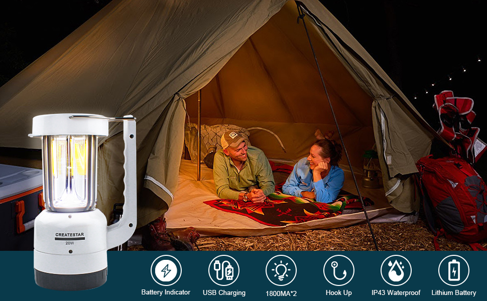 LED кемпінговий ліхтар CREATESTAR: зарядний, з ліхтариком, USB, диммування, IP43, водонепроникний, для туризму, відпочинку, надзвичайних ситуацій