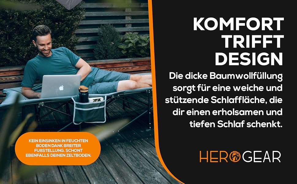 Килимок для відпочинку HEROGEAR з бавовняною подушкою та матрацом | Розкладна ліжко для кемпінгу, відпочинку на пляжі, саду та подорожей | 190 x 67 см, сірий