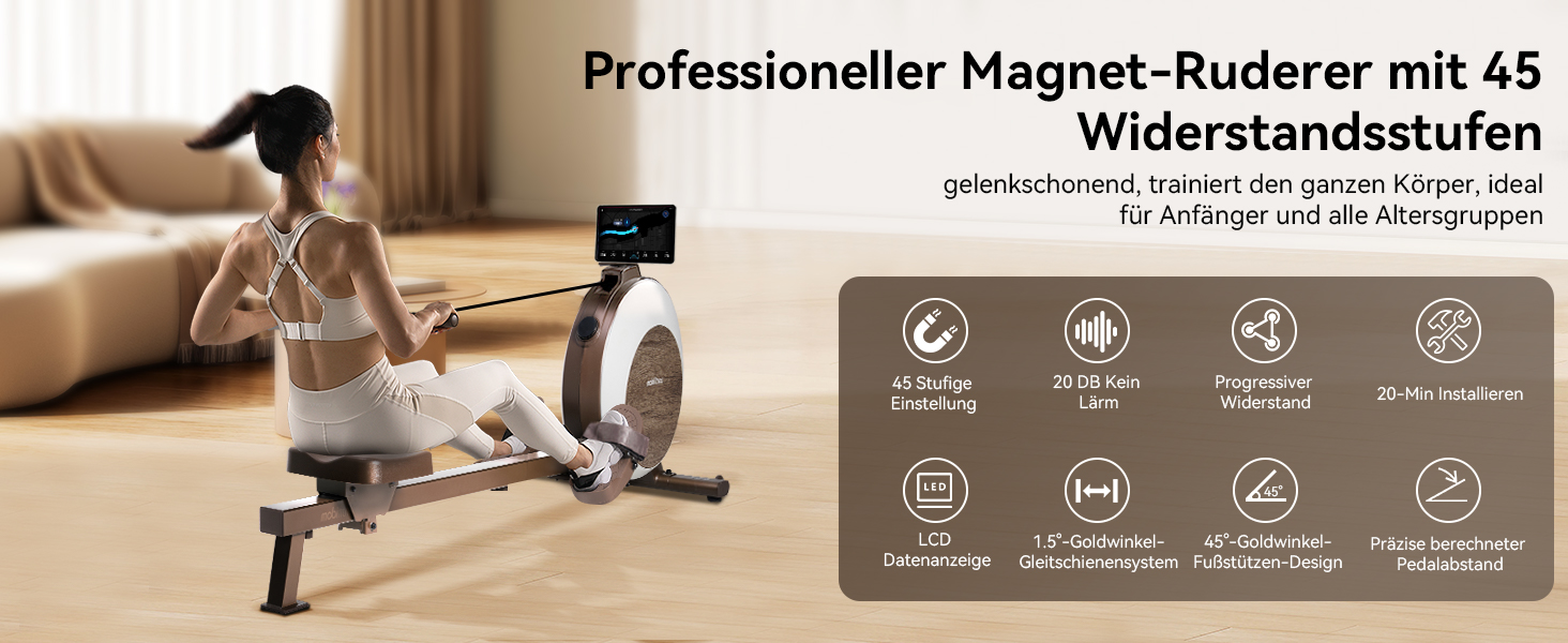 MOBI FITNESS: Горизонтальний тренажер для дому з магнітним опором, 40 рівнів, максимальне навантаження 160 кг, LED-дисплей (сумісний з Apple Watch)