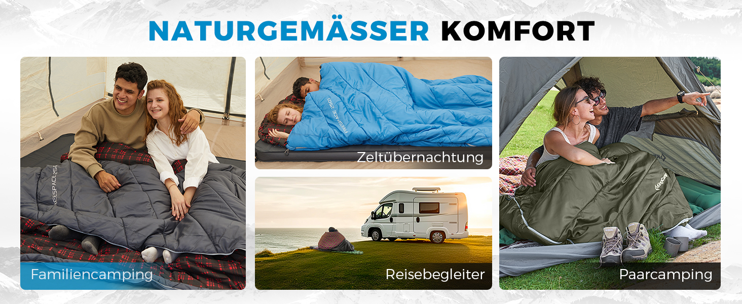 Спальний мішок KingCamp для 2 осіб з фланелі, зимовий, теплий, 3-4 сезони, з 2 подушками, для кемпінгу та відпочинку на природі (синьо-блакитний)