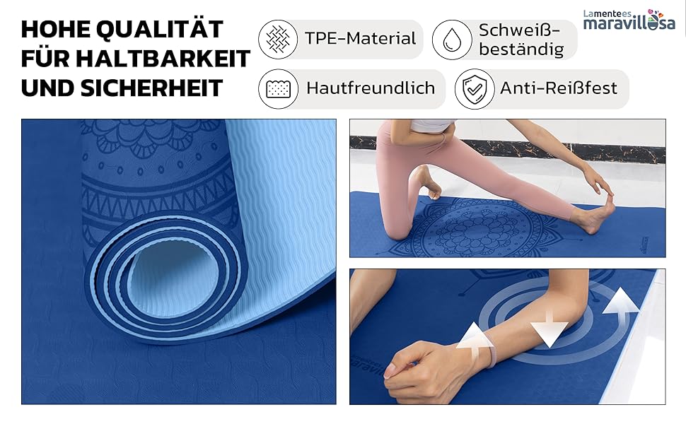 Килимок для гімнастики та йоги LA MENTE ES MARAVILLOSA з неслизькою поверхнею, сумкою та електронною книгою для занять фітнесом, пілатесом та воркаутом. Розмір 183x61 см, колір: блакитний мандала + блакитний